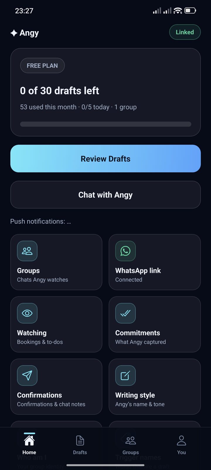 Angy home: linked status, drafts left this month, Review Drafts and Chat with Angy, and tiles for Groups, WhatsApp link, Watching, Commitments, Confirmations and Writing style.