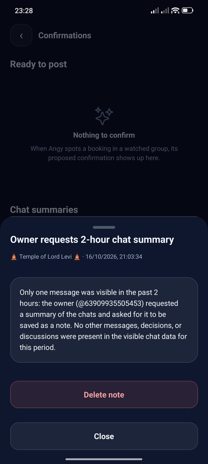 A saved private note opened, with its summary text and a Delete note action.